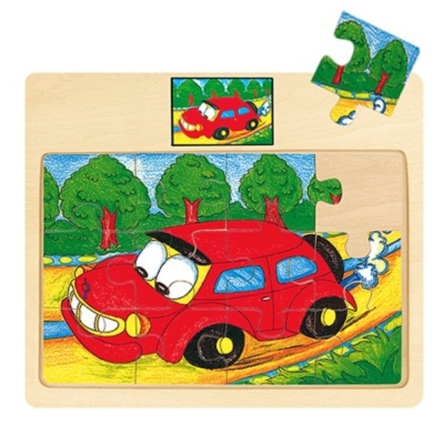 Bino Medinė dėlionė raudona mašina, 2+ 1