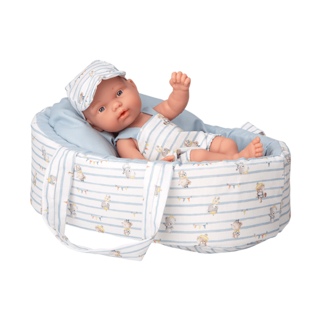 Arias kūdikėlis žydroje nešyklėje su meškiukais, 26 cm