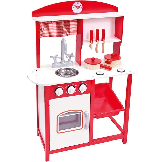 Raudona medinė virtuvėlė su priedais 1