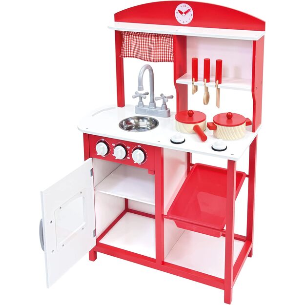Raudona medinė virtuvėlė su priedais 2